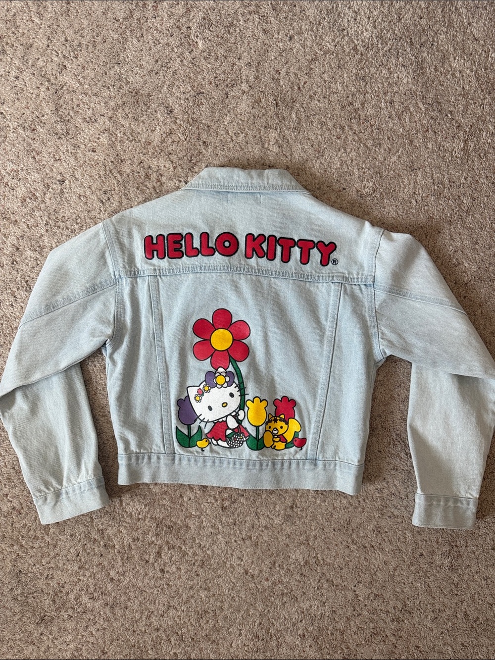 SHEIN x Hello Kitty Collab Light Blue Denim Jacket with Colorful Flower Panel
